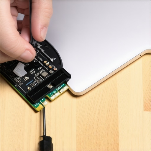 A technician installing a Wi-Fi 6E upgrade card into a laptop motherboard.
