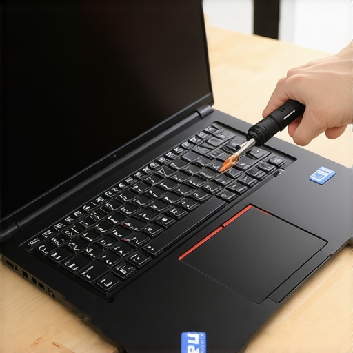 Hands opening a modular business laptop to perform hardware upgrades.