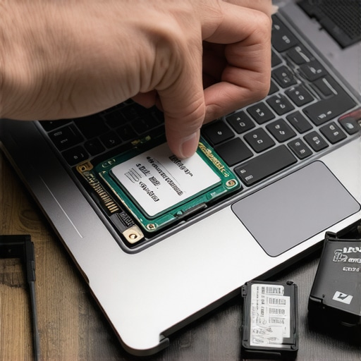 Upgrading an old business laptop with an SSD Close-up of installing an SSD into an old laptop for server use