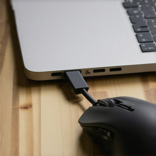 A laptop using a 90-degree adapter to clear desk space for a mouse.