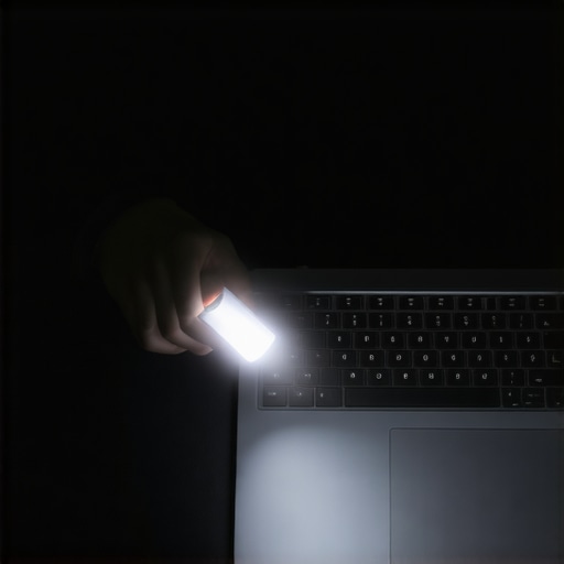 Close-up of a laptop vent being inspected with a flashlight to reveal internal dust buildup.