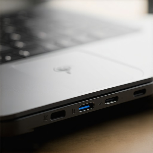 A close-up of a laptop side panel showing USB-C and Thunderbolt 4 ports for high-speed data transfer.