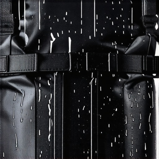 Water Beading on Welded Seams Close-up of waterproof tech bag with welded seams and roll-top closure during rain