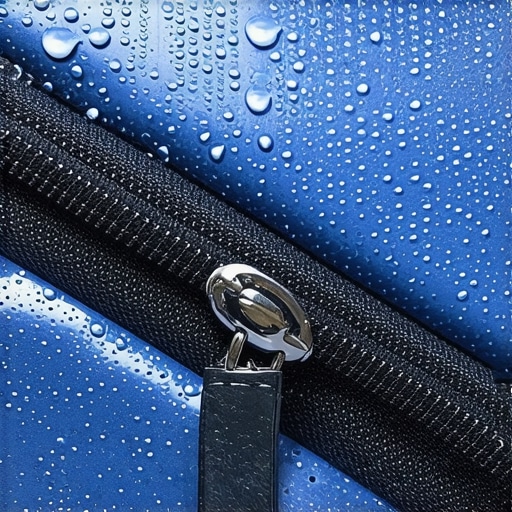 Waterproof PU-Coated Zipper Seal Detailed view of a waterproof laptop bag zipper with water droplets beading on the surface.