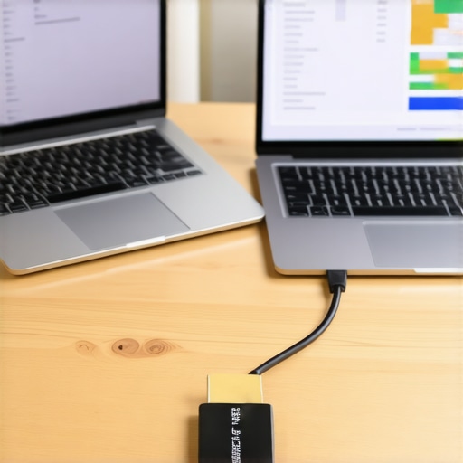 Close up of two laptops connected to form a dual monitor workstation using hardware adapters.