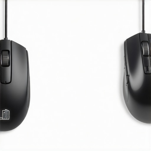 A professional comparison of a wired mouse with a bungee vs a wireless mouse showing signal interference.
